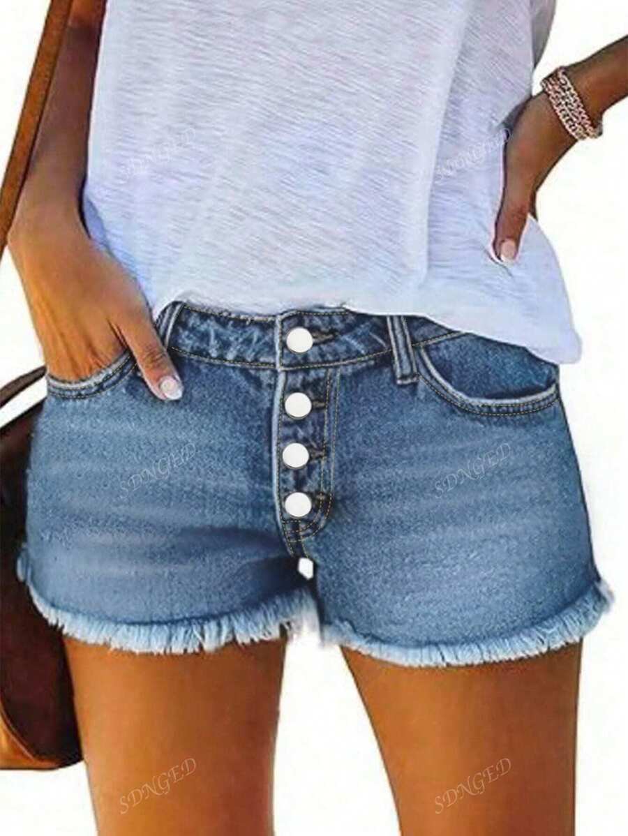 European & American Street Style Summer Casual Simple Versatile Button & Frayed Hem Women Denim Shorts