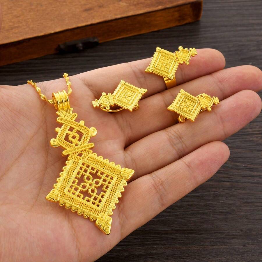 3pcs/Set Golden Luxury Hollow Cross Jewelry Set, Earrings, Ring, Pendant, Elegant Middle East Daily Party Festival Gifts