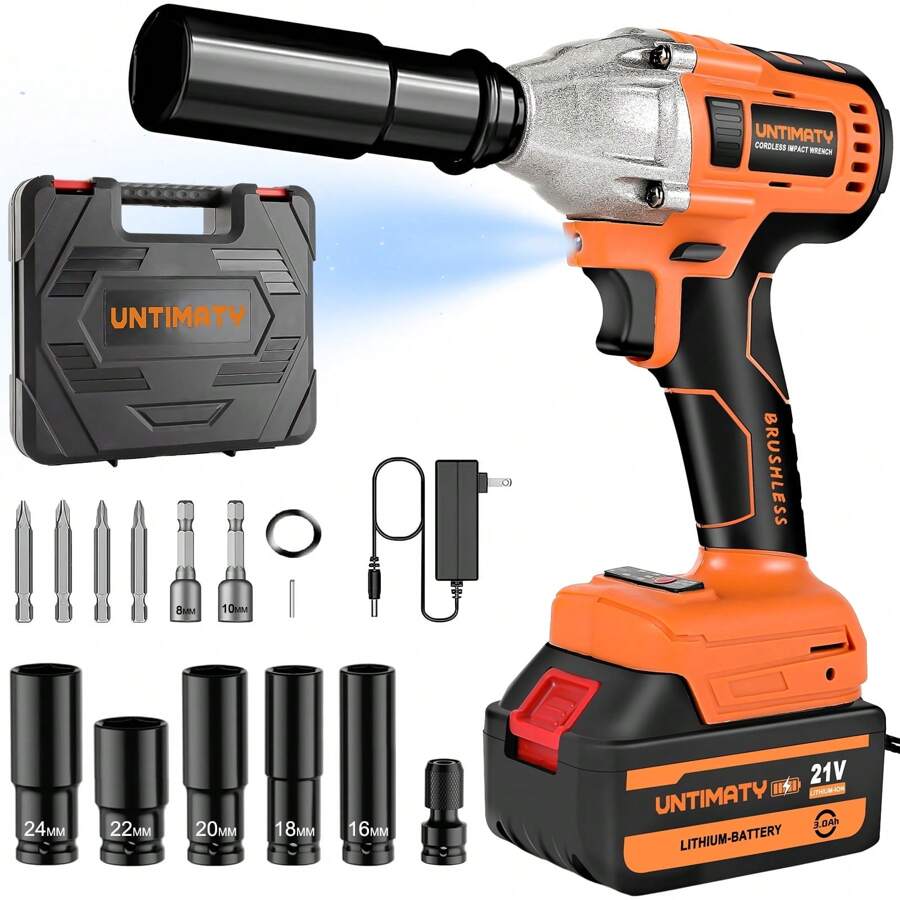 Cordless Impact Wrench 1/2 Inch Brushless Impact Gun Max Torque 320 Ft-Lbs 430N.M Impact Wrench With 21V Brushless Motor With 3.0Ah Li-Ion Battery And 7 Sockets