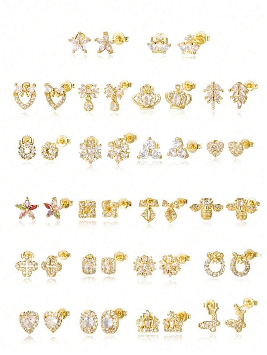 TUANZISP 22pcs Set Women's Gold Plated Copper Stud Earrings With Zirconia, Butterfly, Heart, Star, Crown, Snowflake, Geometric Designs, Versatile Fashion Jewelry, Elegant Vintage Luxury Gift For Women