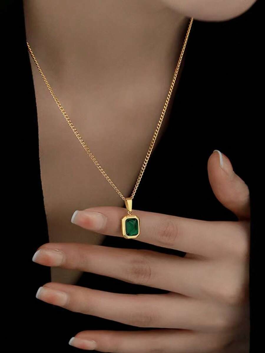1 pieza Collar con diseño de esmeralda de acero inoxidable, enchapado de oro vintage de 18k, collar simple y elegante para mujeres