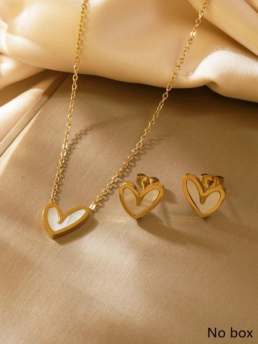 1 Set minimalistischer persönlicher kleiner weißer Muschel Herz Edelstahl Halskette und Ohrringe Schmuckset, geeignet für den täglichen Gebrauch von Frauen, Partys oder als Muttertagsgeschenk