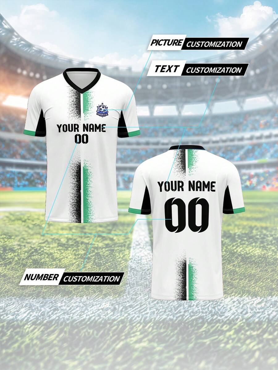 Erstelle dein eigenes Trikot, Herren Sport Team Club Training V-Ausschnitt Fußballshirt mit Name, Nummer & Logo vorne und hinten Muster, bequem für Alltag, Lässig, Party, Treffen