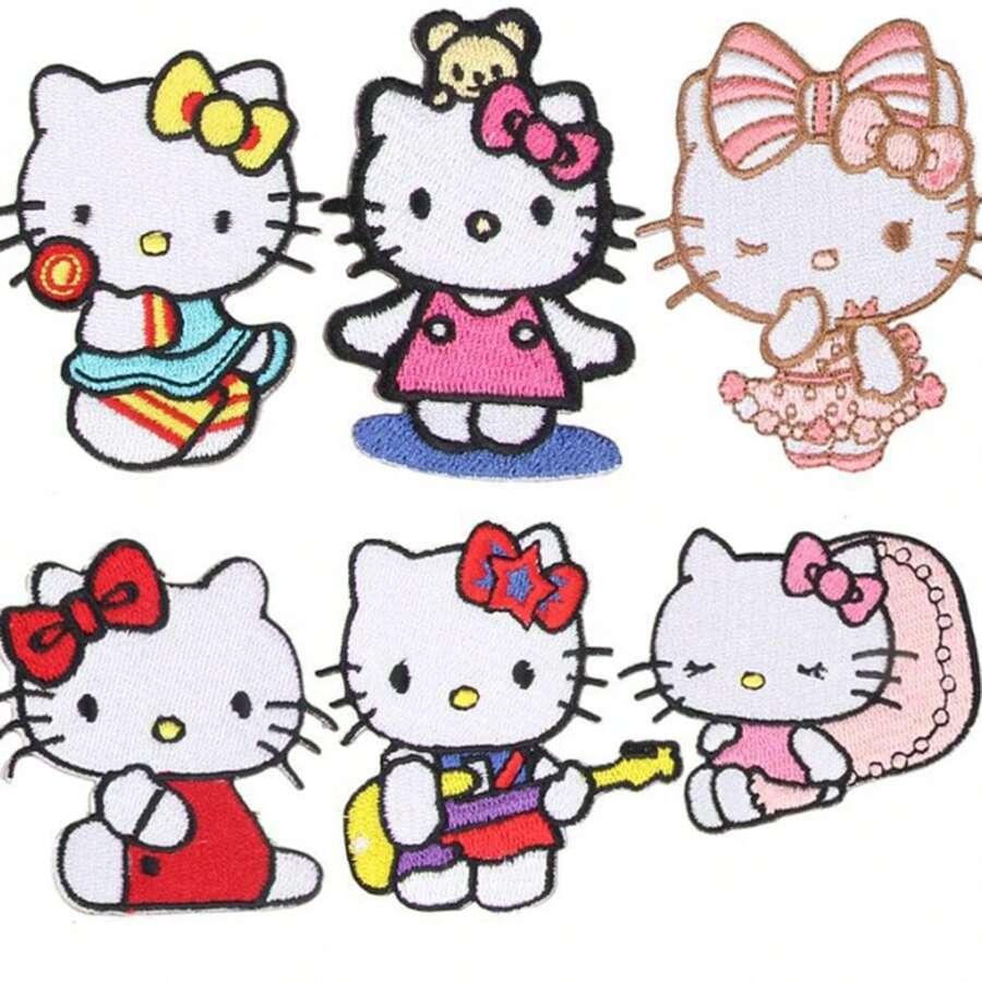 Sanrio 6 pezzi di toppe adesive con ricamo di gattini con fiocco, cartoni animati alla moda e versatili per vestiti