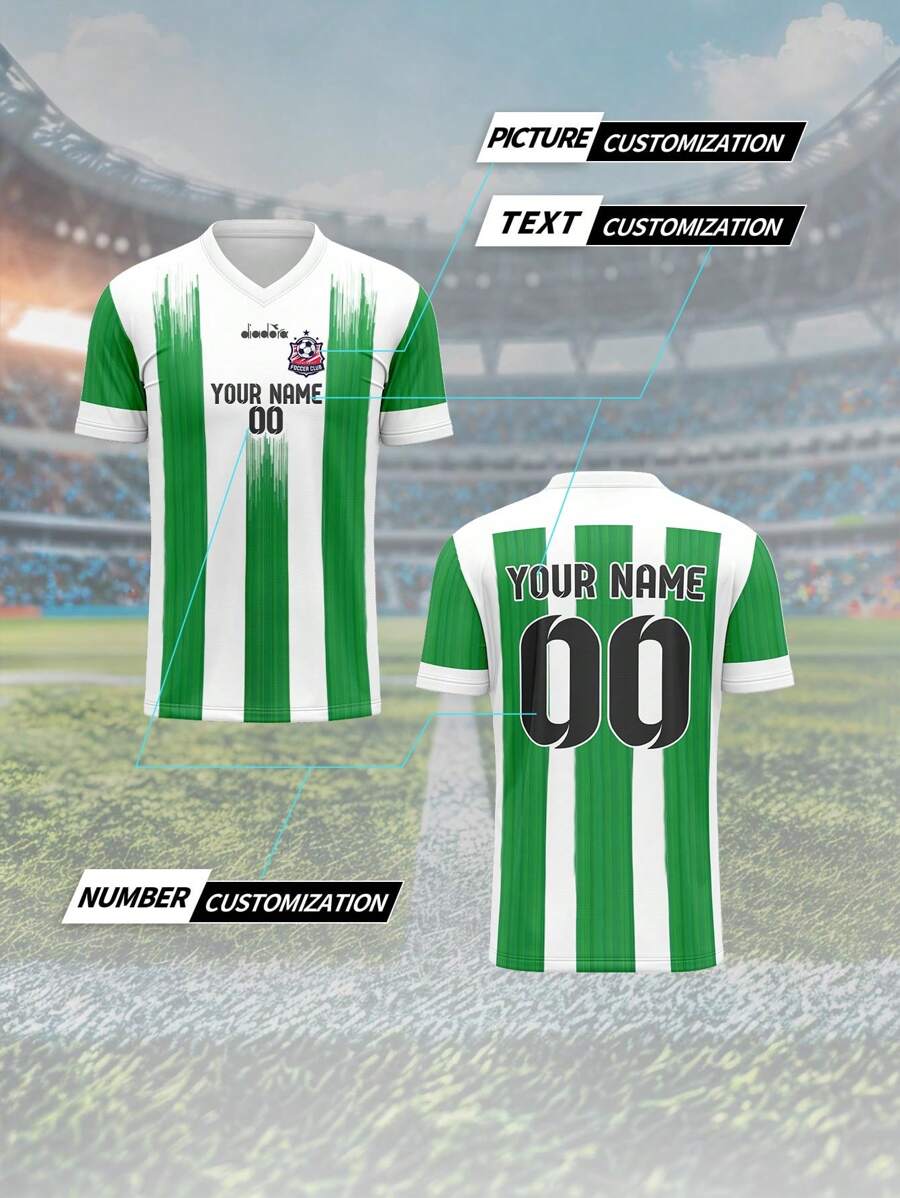 Camiseta de fútbol personalizada, camiseta deportiva de cuello en V transpirable y de secado rápido para hombres, con impresión personalizada de nombre, número y logotipo en la parte delantera y trasera, ajuste cómodo para uso diario, casual, fiesta, reunión, elegante, de moda, hipster, casual, minimalista, chic, personalizado, único, disfraces de hombre, armario cápsula, estilo básico/urbano para hombres, regalos ideales para él, novio, familia, amigos, para cumpleaños, vacaciones/feriados, escuela/competencia, deportes/escalada