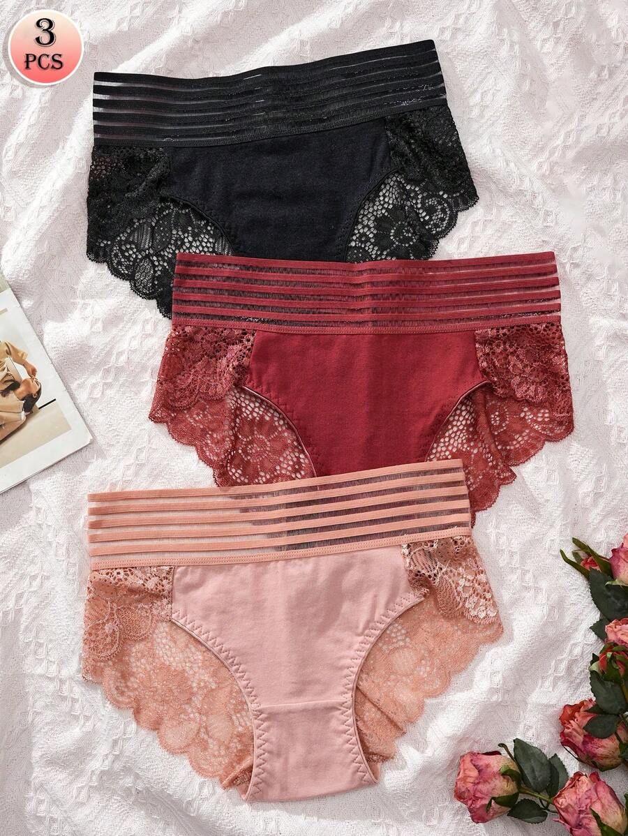 APRSEA Paquete de 3 bragas de mujer de cintura alta, con encaje semitransparente y transpirables