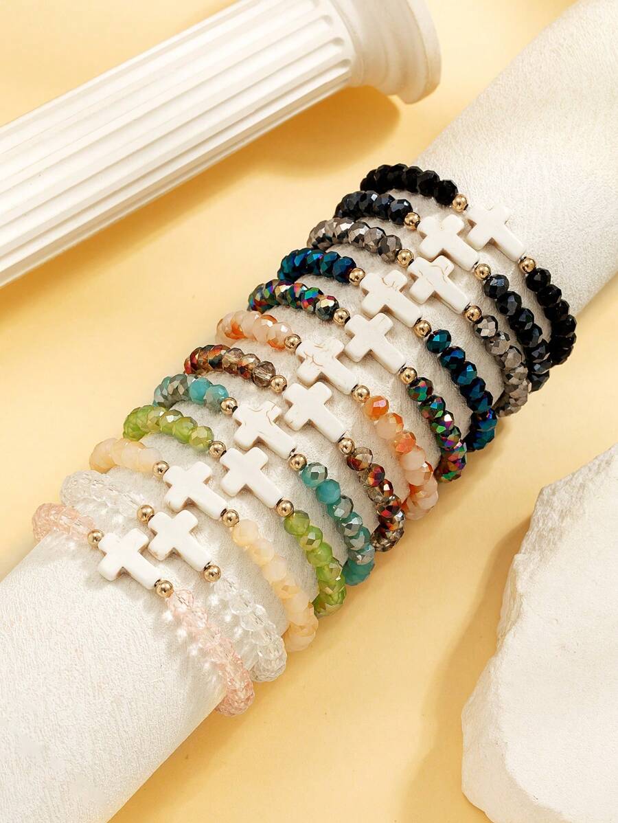 6pcs Turquoise Cross & Colorful Crystal Elastic Bracelets Set, Fashionable Multi-Pack Suitable For Women Daily Wear, Great Gift