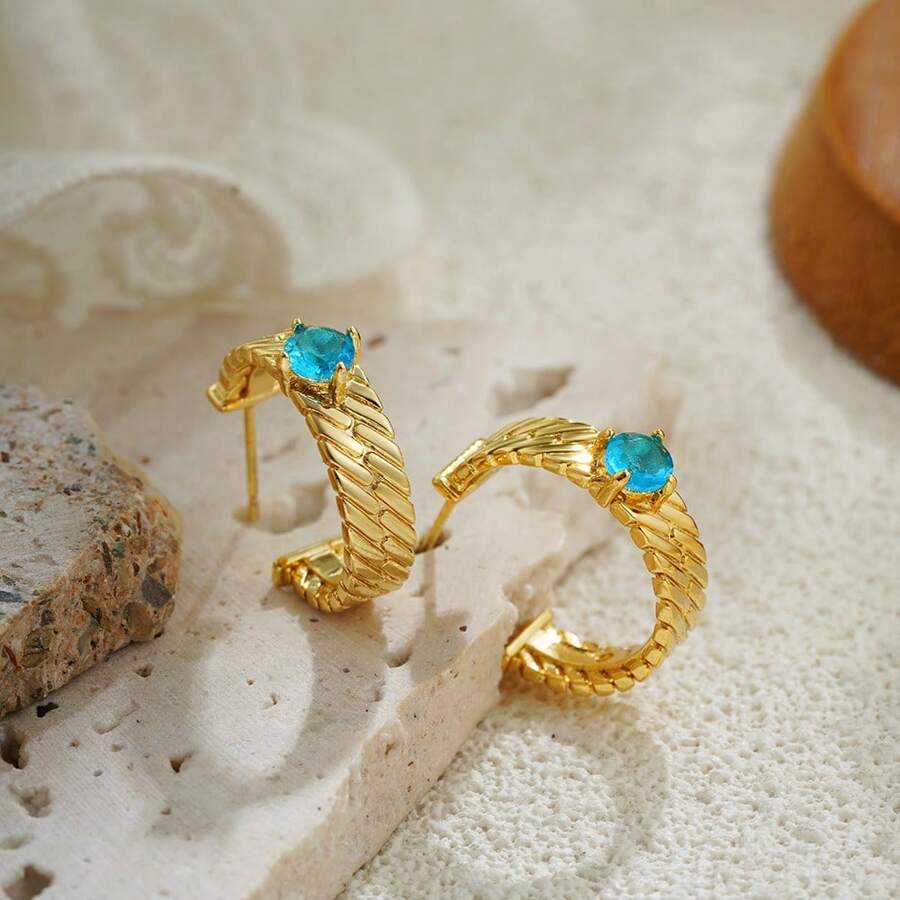 1 Paar Damen minimalistische C-förmige Kupferohrringe mit meerwasserblauem künstlichen Zirkonienstein, vielseitig und elegant