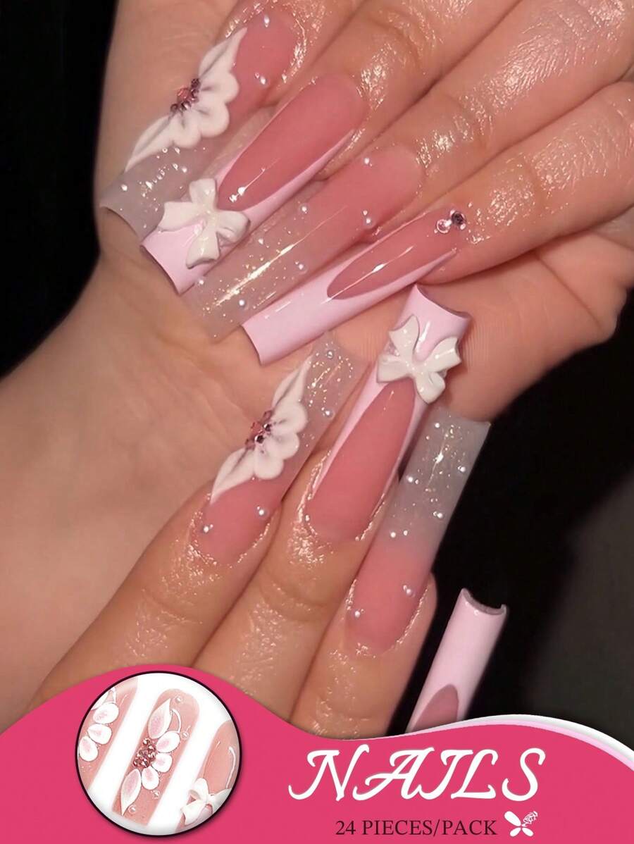 24pcs/Set Square-Shaped Press-On French False Nails With 3D Bowknot Design And White Border, Comes With Jelly Glue And Nail File. Suitable For All Women, Great For Daily Outfits And Makes Your Nails More Charming.