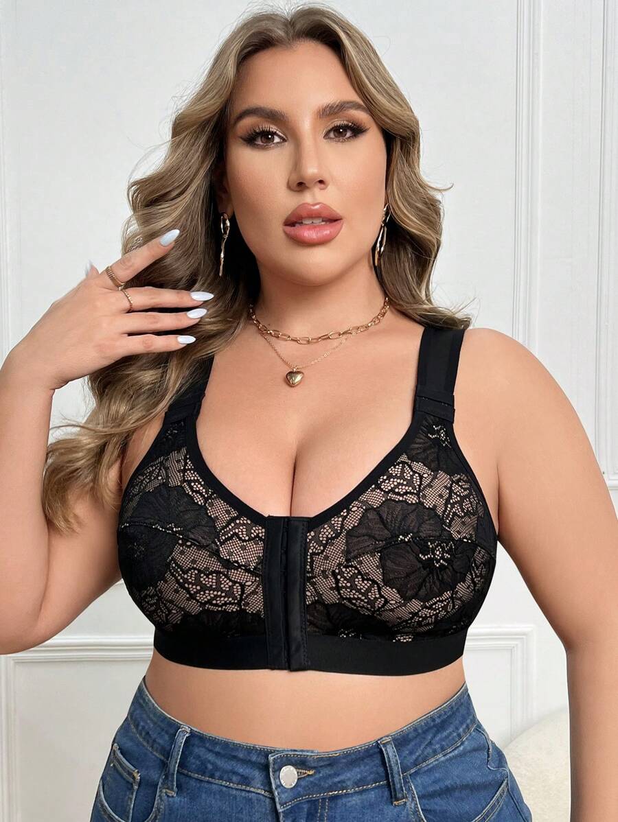 Große Größen Spitze Vorderverschluss Drahtloser bequemer Lingerie-BH