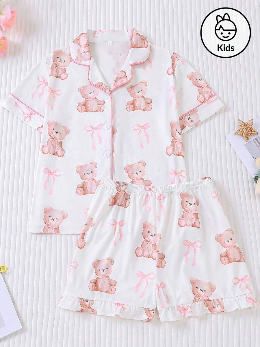 2pcs Girls Pajama Sets, Summer New Cute Teddy Bear Print Cardigan Shirt & Shorts Loungewear Homewear For Kids, Washable & Wearable Outside