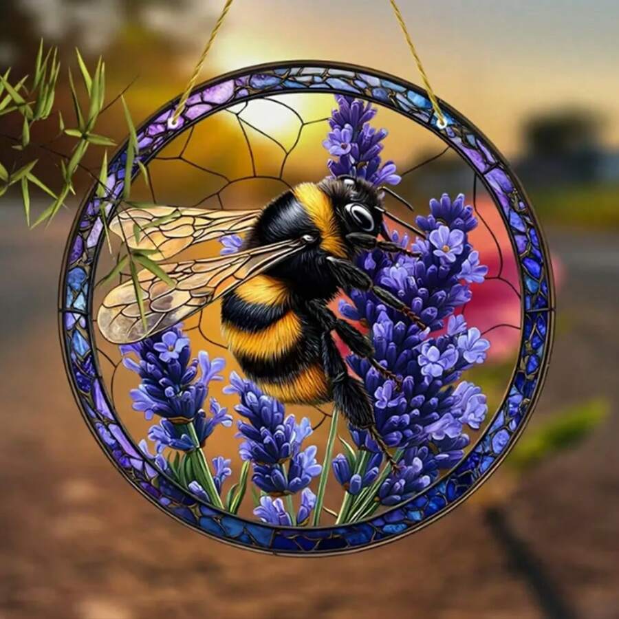 1 Piece, 2D Flat, Bee And Lavender Acrylic Light Catcher, Colored Glass Hanging Pendant, Suitable For Window, Office, Garden, Bedroom Decoration, Handicraft Hanging Decoration As A Gift For Family And Friends' New Homes