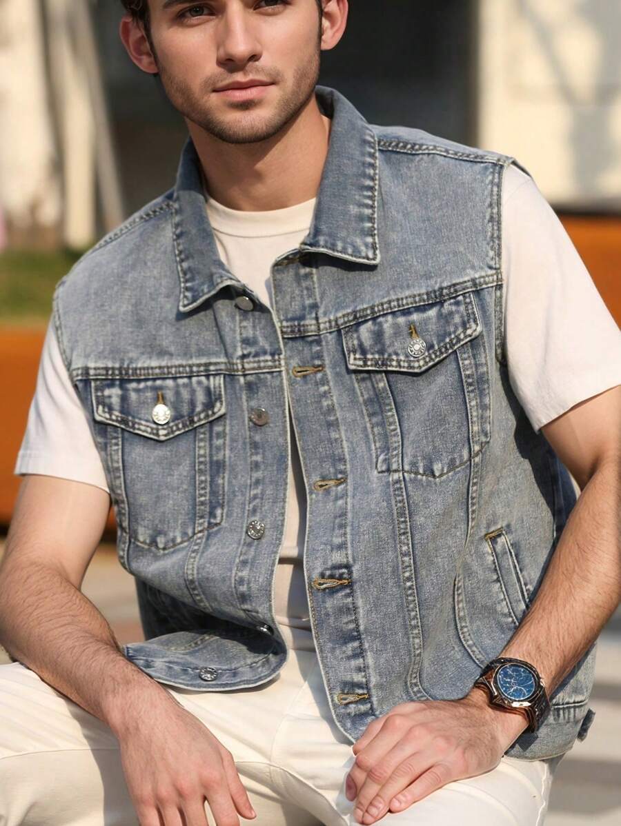 Men's Light Blue Front Button Sleeveless Denim Jacket, Summer