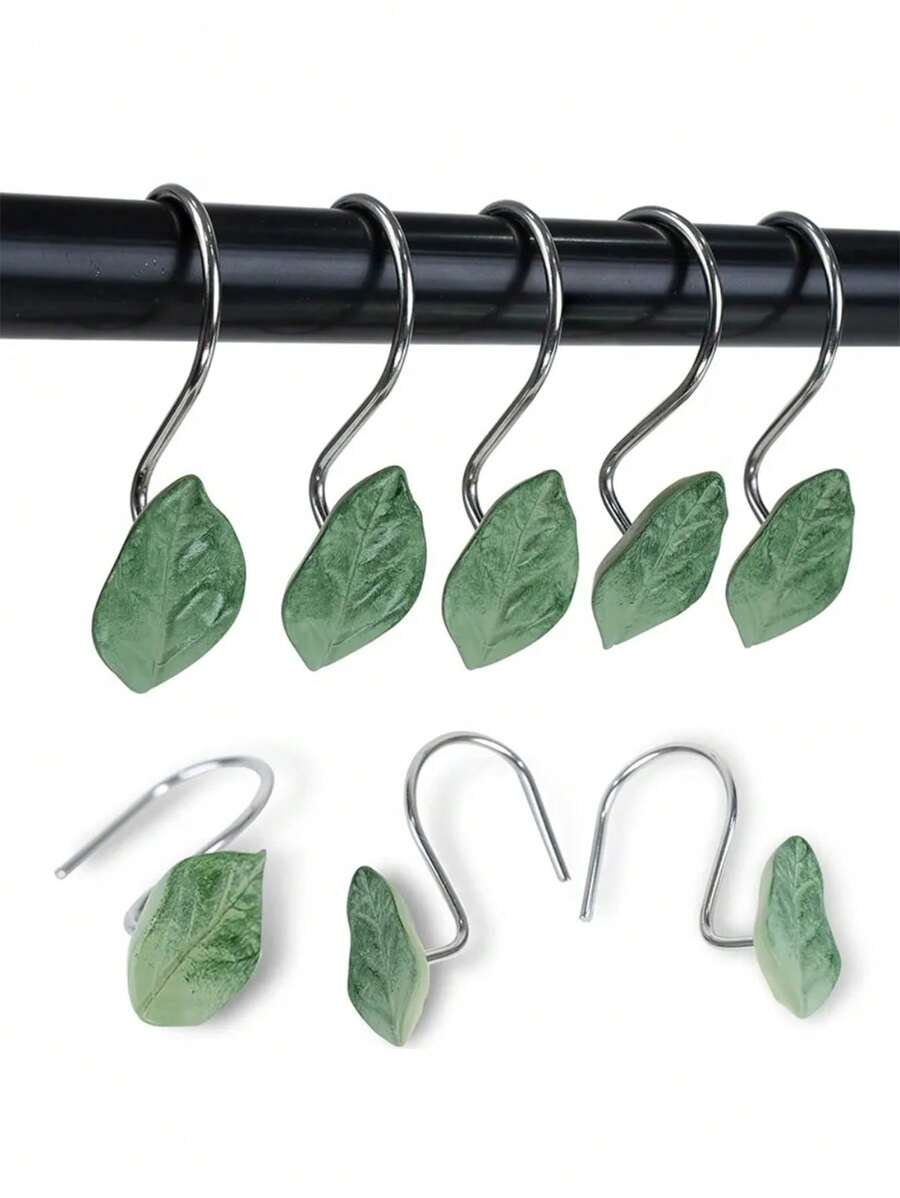 12pcs Green Leaf Decorative Shower Curtain Hooks - Rustproof Metal,Plant Theme Bathroom Accessories,For Spring,Green Room Decor Back To School