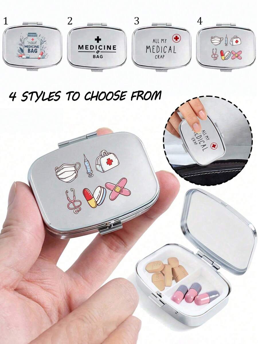 Boîte de rangement portable à deux compartiments pour pilules, mignonne petite boîte de rangement en métal, boîte à bijoux et à pilules portable, cadeau créatif personnalisé avec logo de dessin animé, convient pour les voyages, les activités extérieures, les sacs, les poches, utilisé pour les cadeaux de mariage, les cadeaux et la décoration de réception, boîte de rangement de voyage décorée de manière unique, parfaite pour les voyages, conception compacte, facile à utiliser, convient pour la gestion des médicaments/tous les groupes d'âge (4 options)