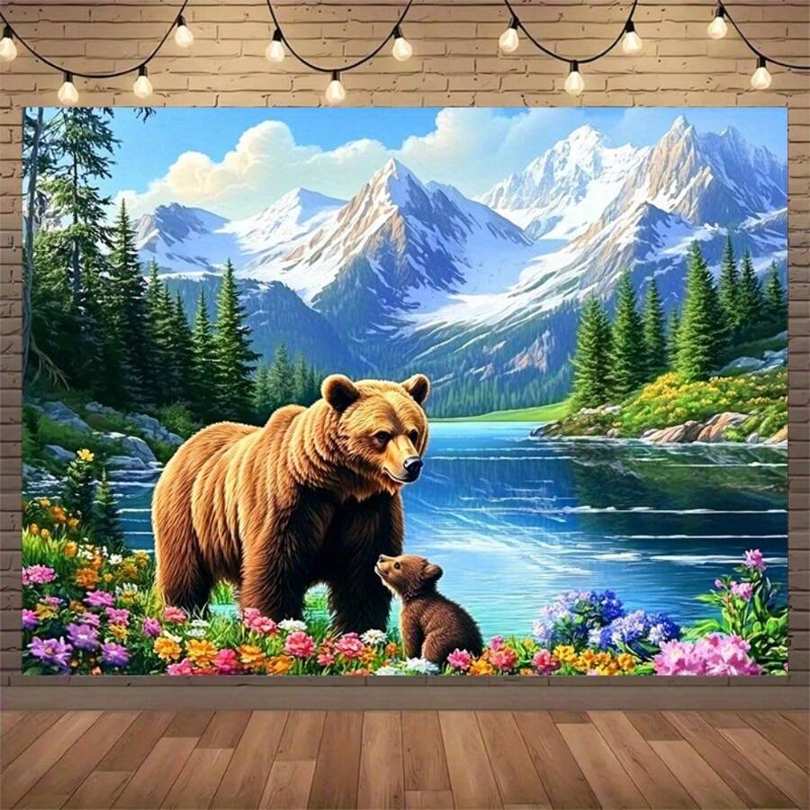 1 Vibrant Grizzly Bear And Cub Landscape Background - Jungle Lakes, Snow Capped Mountains, And Wildflowers - Durable Polyester Fabric Party Banner And Photography Background - Easy To Hang, Suitable For Indoor/Outdoor Celebrations, Weddings, Birthdays, Etc., Bear Decoration