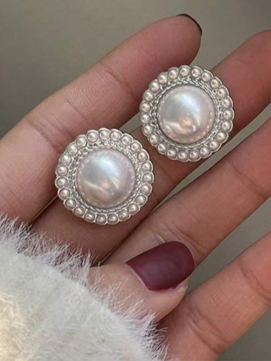 1 pieza Pendientes decorados con perla de estilo vintage, diseño elegante y minimalista