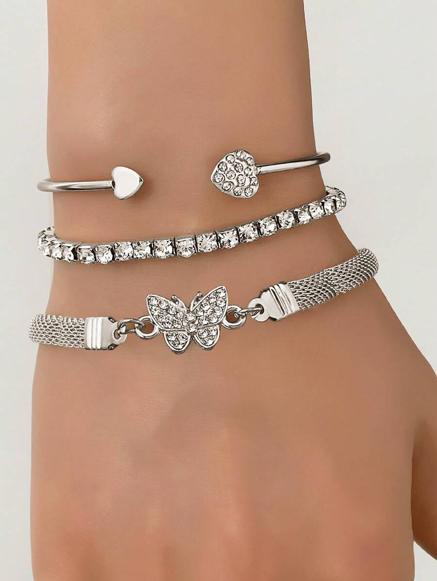 3pcs Luxury Simple Personalized Rhinestone Butterfly & Heart Design Stacking Bangle Bracelet Set For Women, Elegant