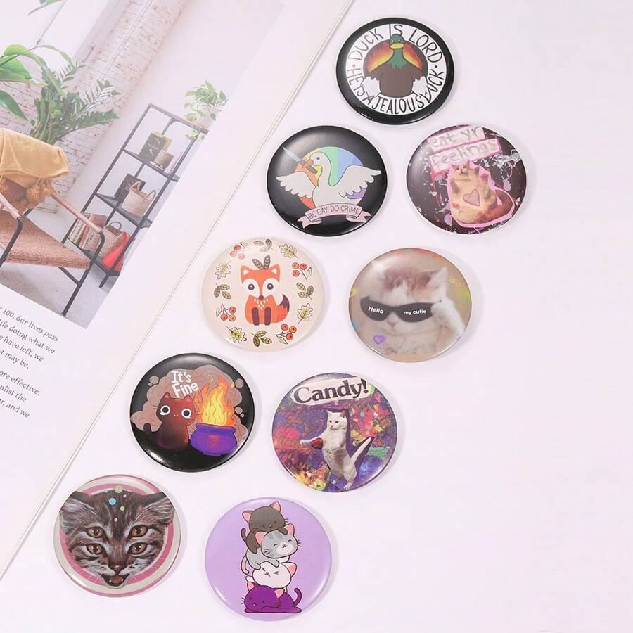 Juego de 9 piezas de broches metálicos con diseños de animales creativos y divertidos, insignias con patrones de letras en inglés redondas