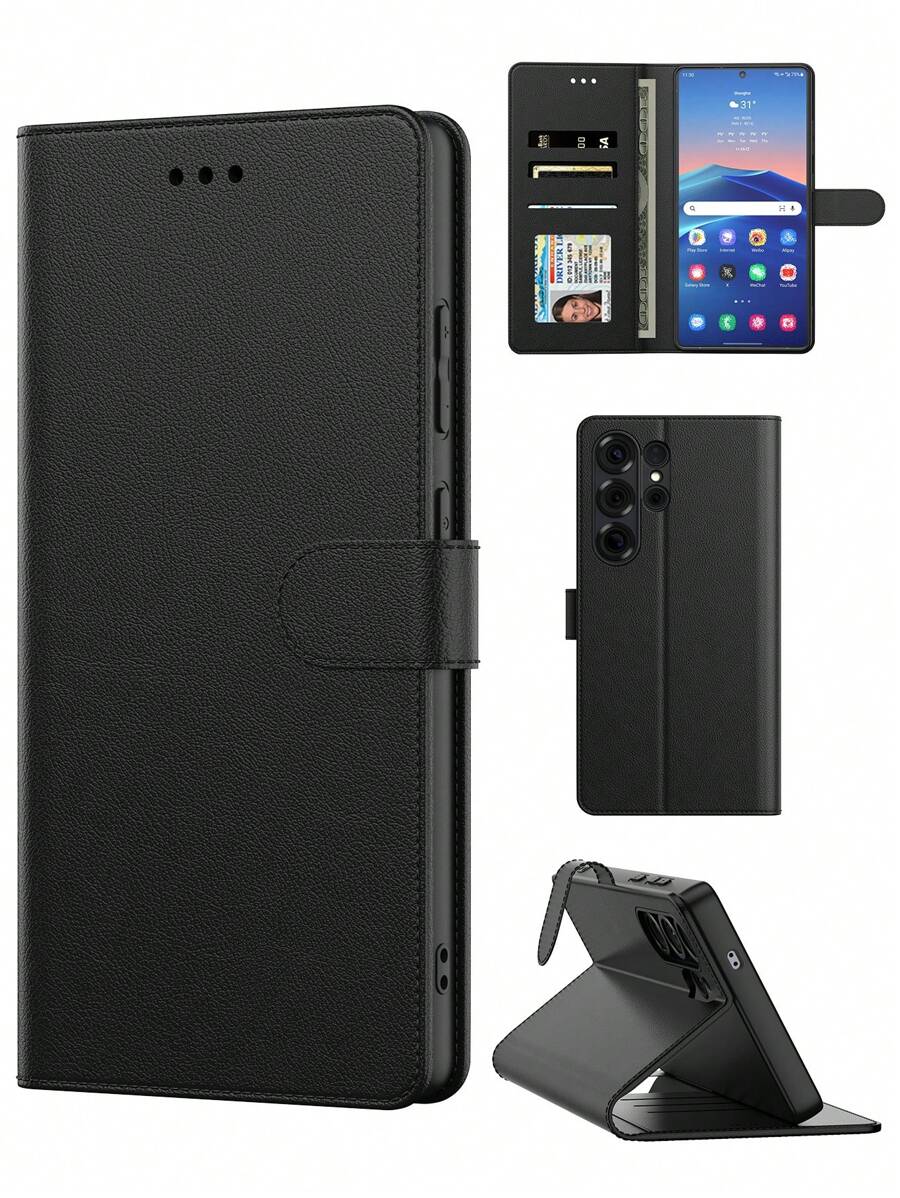 Funda billetera multifuncional negra de PU para teléfono Android