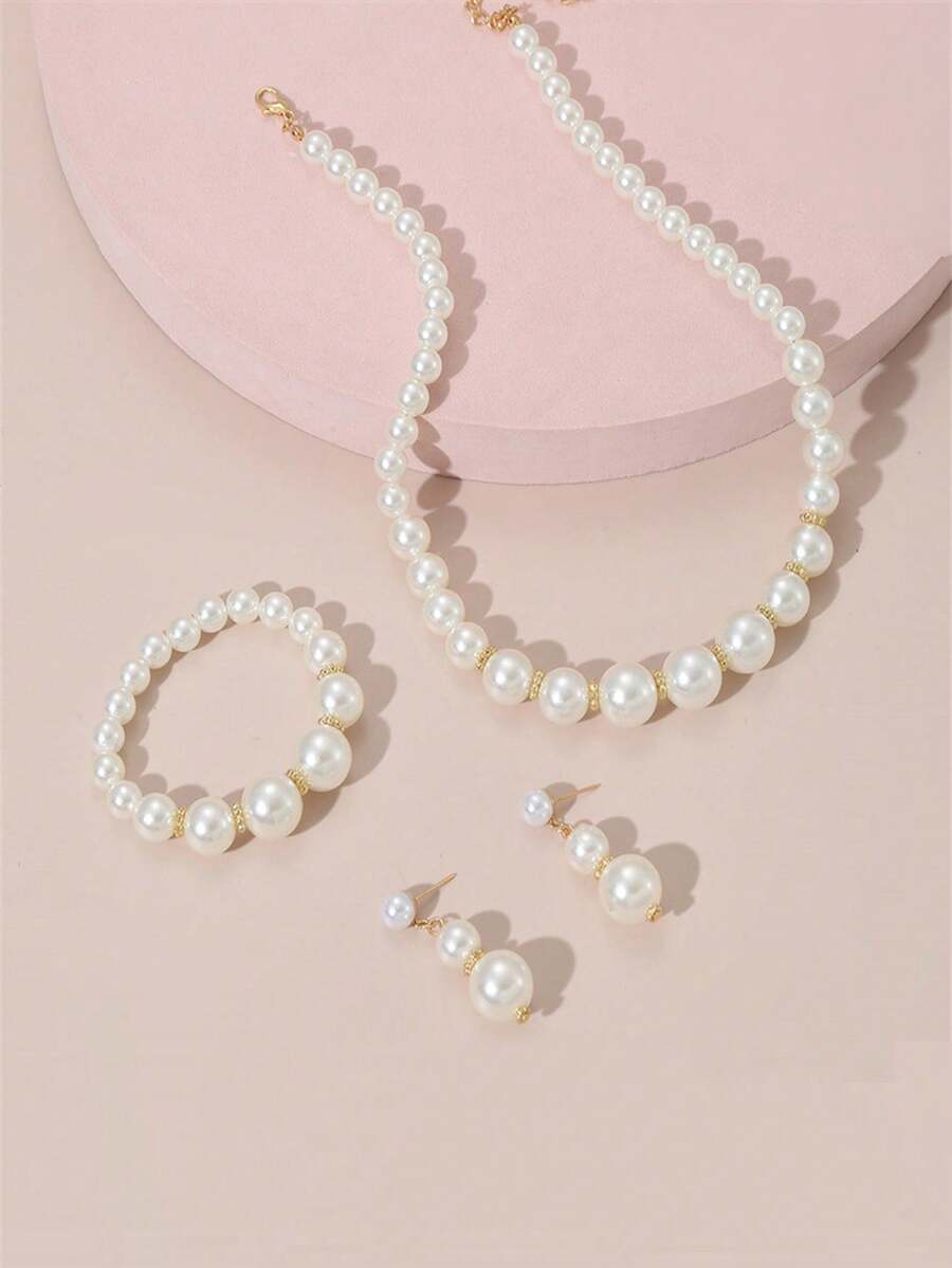 Juego de 4 piezas con collar, brazalete y aretes con cuentas de perlas falsas, collar elegante con cuentas, accesorio elegante, regalo de fiesta de vacaciones gracioso para niñas