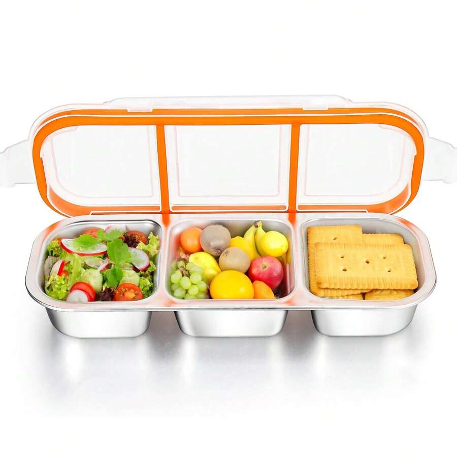 1pc Stainless Steel Snack Container, Reusable Condiment Spice Jar With Lid, 3-Compartment Food Storage Box, Suitable For School, Home, Travel,School Supplies