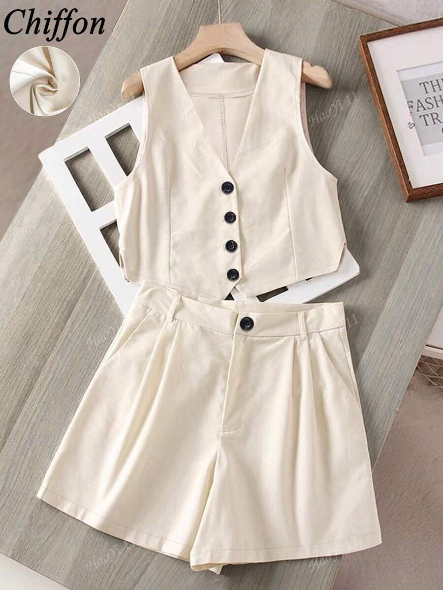 Set di giacca monopetto in chiffon senza maniche e pantaloncini casual estivi da donna per vacanze