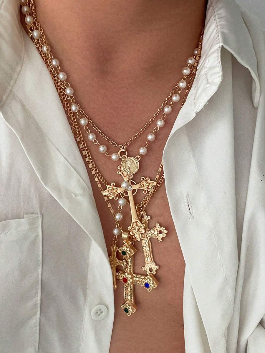 4pcs/Set Vintage Luxury Minimalist Multi-Color Crystal Cross Pendant Necklace, Adjustable Hiphop Punk Jewelry For Couples