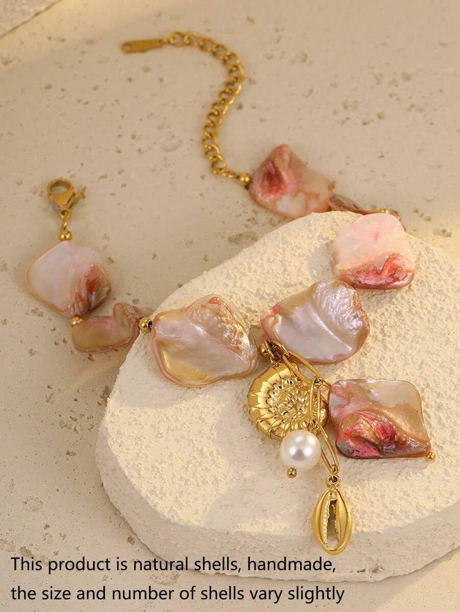 1 pieza Pulsera de acero inoxidable chapada en oro de 18K con concha y caparazón asimétricos, joyería de estilo oceánico de moda adecuada para mujer, uso diario, playa y como regalo