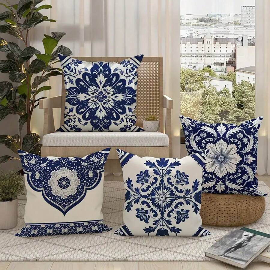 4 Peças, Capas de Almofada Estampa Floral Botânica Azul Marinho e Branca de Poliéster, Capas de Almofada Clássicas Vintage Boêmias, Capas de Almofada Decorativas 45*45 cm/17,71"x17,71", Adequadas para Decoração de Sala de Estar, Quarto, Sofá, Cama