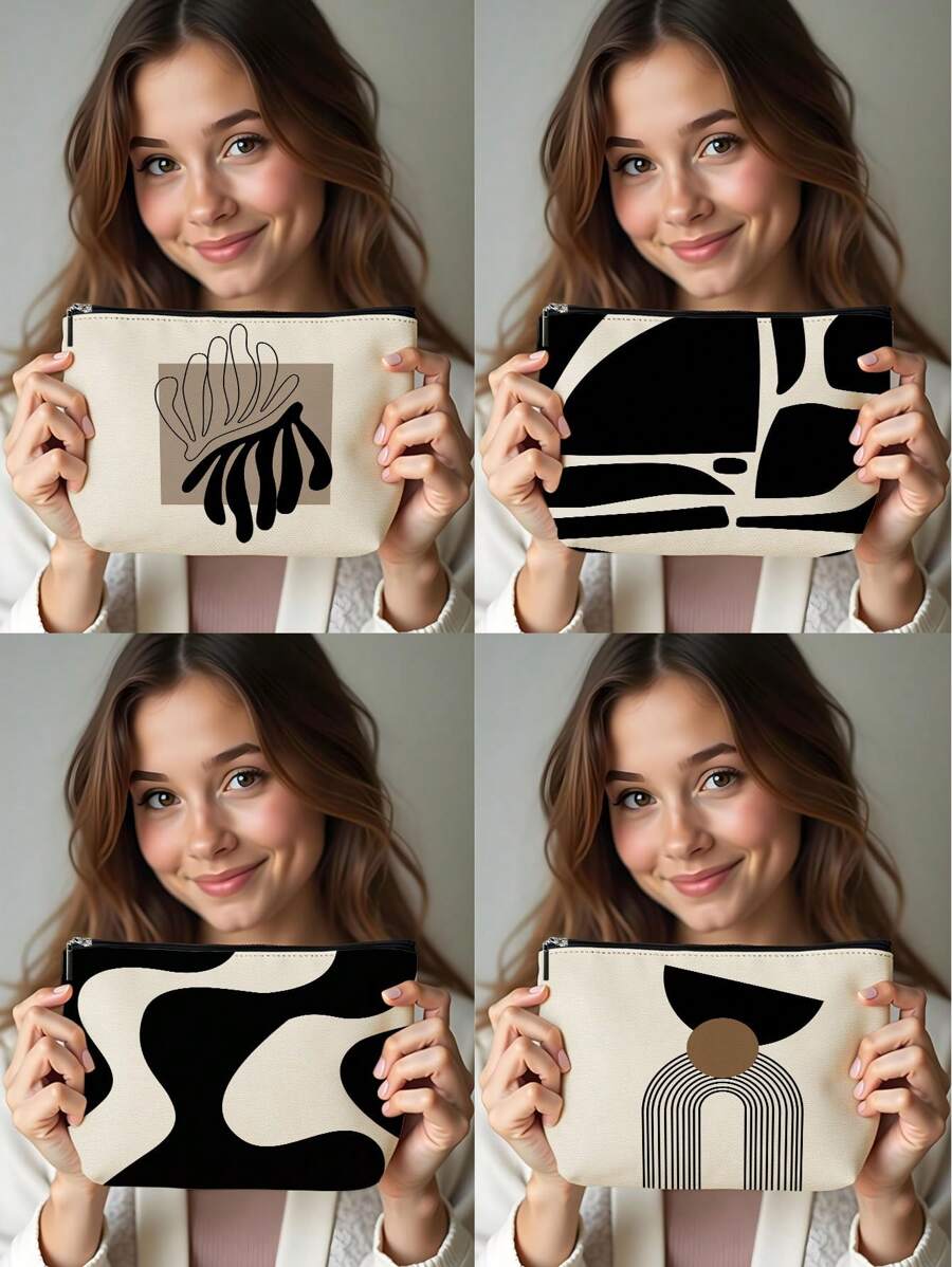 1pc Daily Black & White Geometric Figure Print Linen Cosmetic Bag, Cute Travel Makeup Pouch And Multi-Functional Coin Purse, Lightweight Gift Essential For Women,For Holiday Beach, Bathroom Collection, Bedroom Collection, Large Capacity