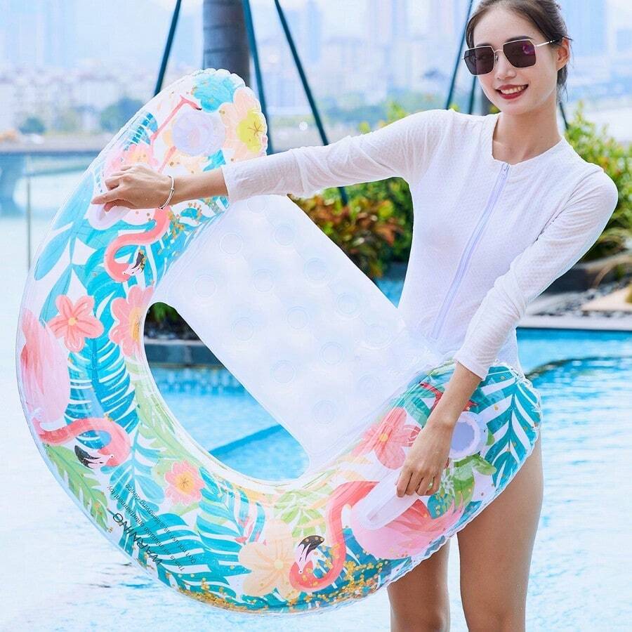 1pc Flamingo & Leaf Design Inflatable Floating Lounge Chair, PVC Inflatable Floating Mat, Inflatable Water Sports Equipment