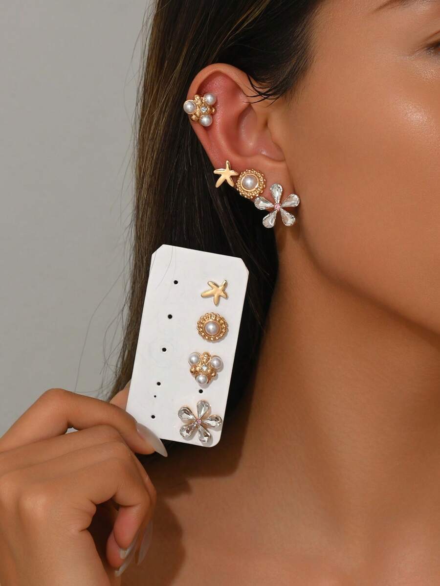 8pcs/Set Summer Fashion Beach Vacation Ocean Element Flower Pearl Crystal Starfish Golden Metal Texture Women Flat Earring Jewelry Set, Suitable For Casual, Vacation, Date, Gift, Party, Match With Bikini, 1 Week Earring Set