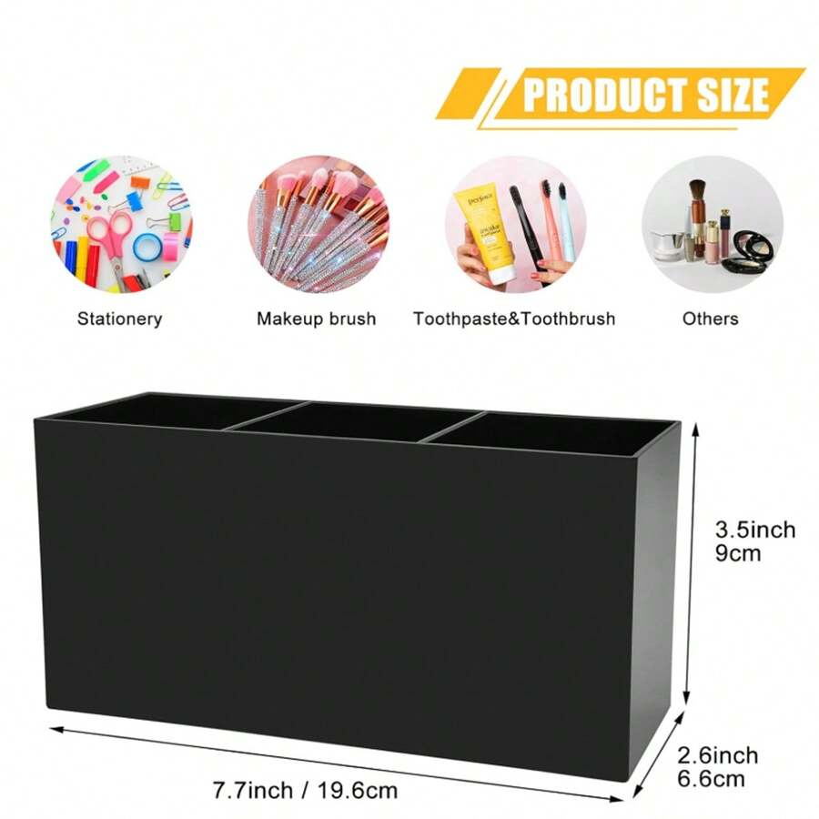 Acrylic Makeup Brush Holder With 3 Slots, Pen Holder Organizer For Desk, Office, Vanity