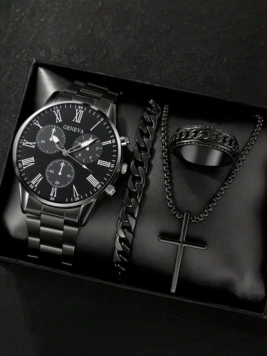 4-Piece Men's Luxury Gift Set: Stainless Steel Quartz Watch, Cross Pendant Necklace, Bracelet And Ring, Perfect Business & Casual Accessories - Ideal Gift For Him