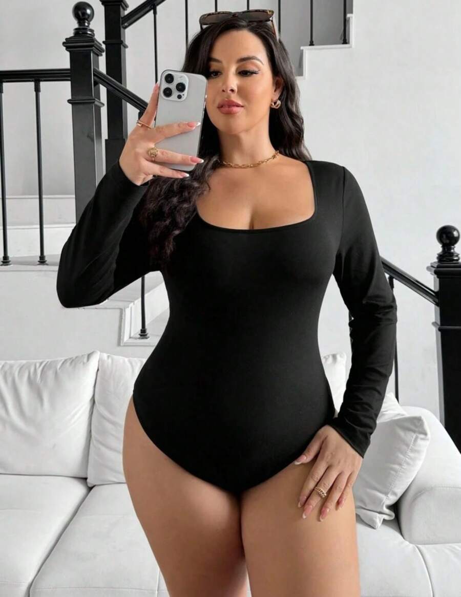Body Plus Size Feminino Manga Longa decote quadrado tecido Suplex Modelagem perfeita