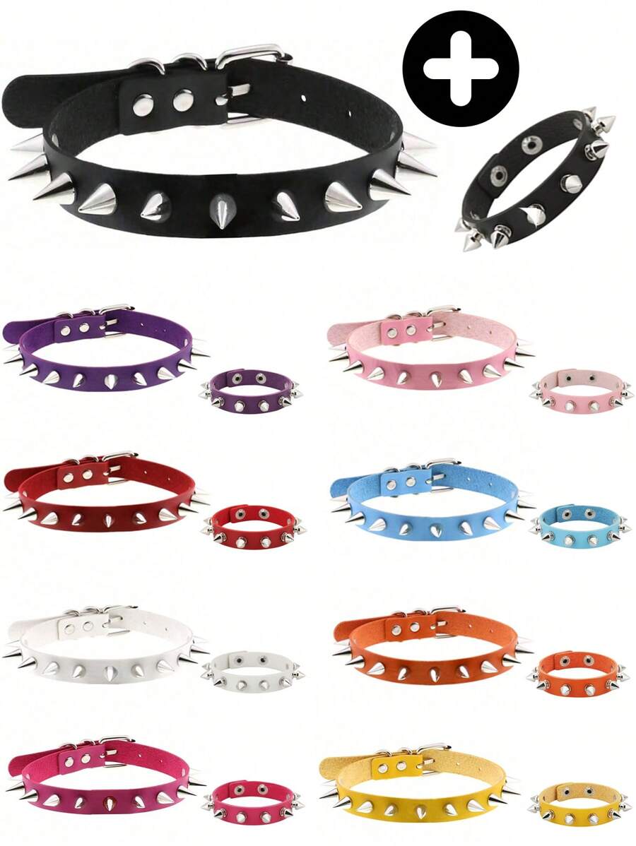 2pcs/Set Punk Rock Spiked Choker Collar And Bracelet Set, PU Leather Necklace And Cuff Accessories For Unisex, Suitable For Daily Wear, Festivals And Parties