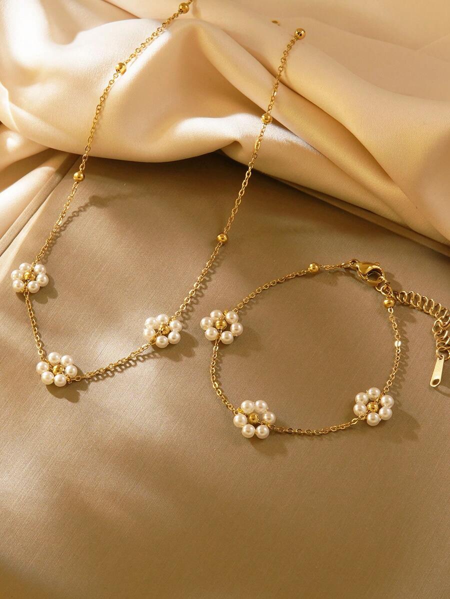 1 Set Elegant Floral Stainless Steel Necklace And Bracelet Jewelry Set, Suitable For Women In Daily Commute Or Hanging Out With Friends, Can Also Be Gifted