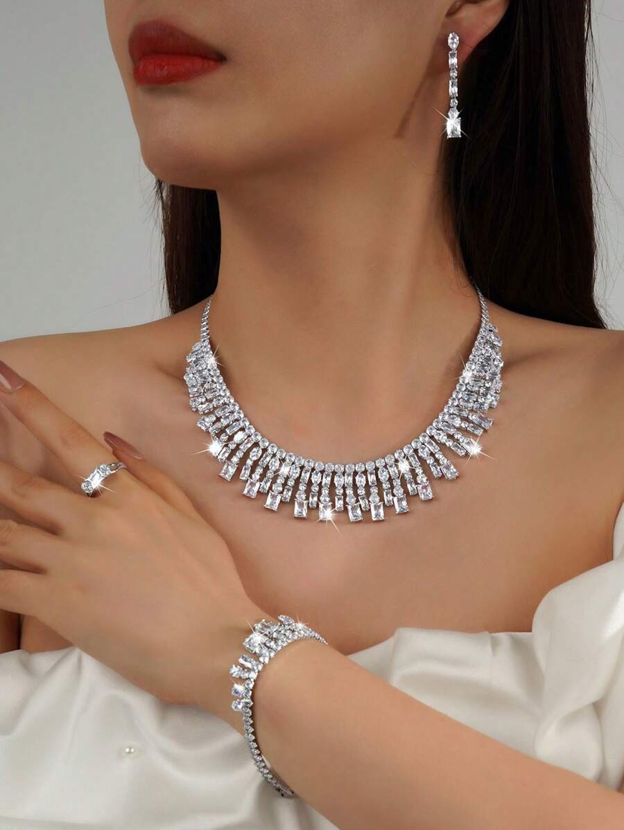 Juego de joyería de lujo de 5 piezas con circonita, incluyendo aretes, collar, anillo y pulsera, adecuado para bodas, banquetes, vacaciones, fiestas, cumpleaños y vestidos de etiqueta