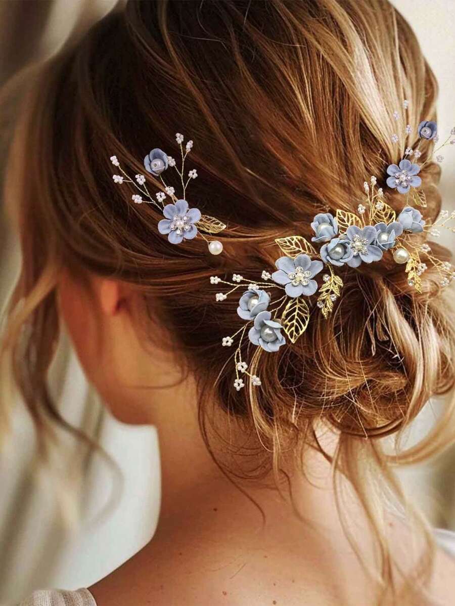 3 Stücke Braut Hochzeitskopfschmuck, blauer Blumen Haarkamm, perlenbestickter Strass Samt Blumen Haarschmuck für Braut
