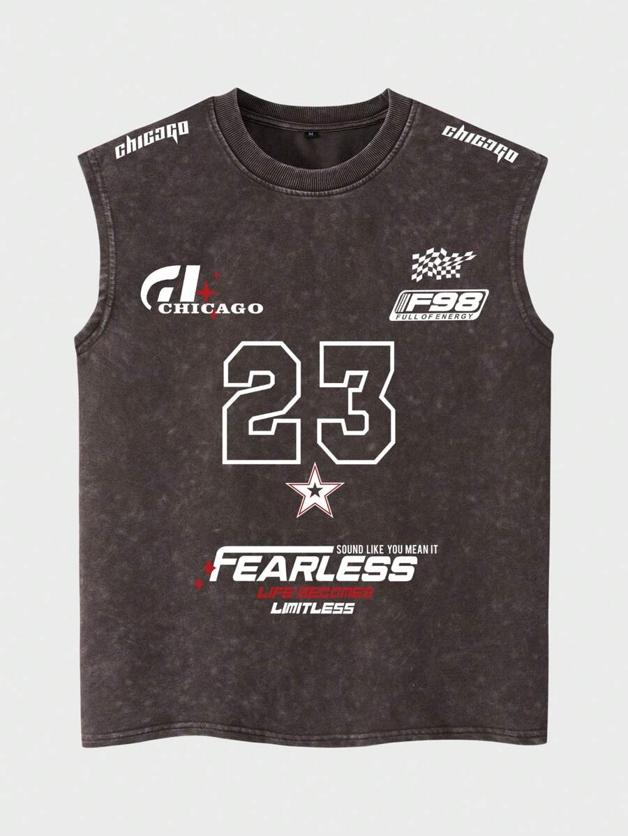 Shwiy Men's Black Casual Distressed Racerback Tank Top With Chicago Print 23 Stars Graphic, Minimalist Style Suitable For Daily Wear, Spring/Summer