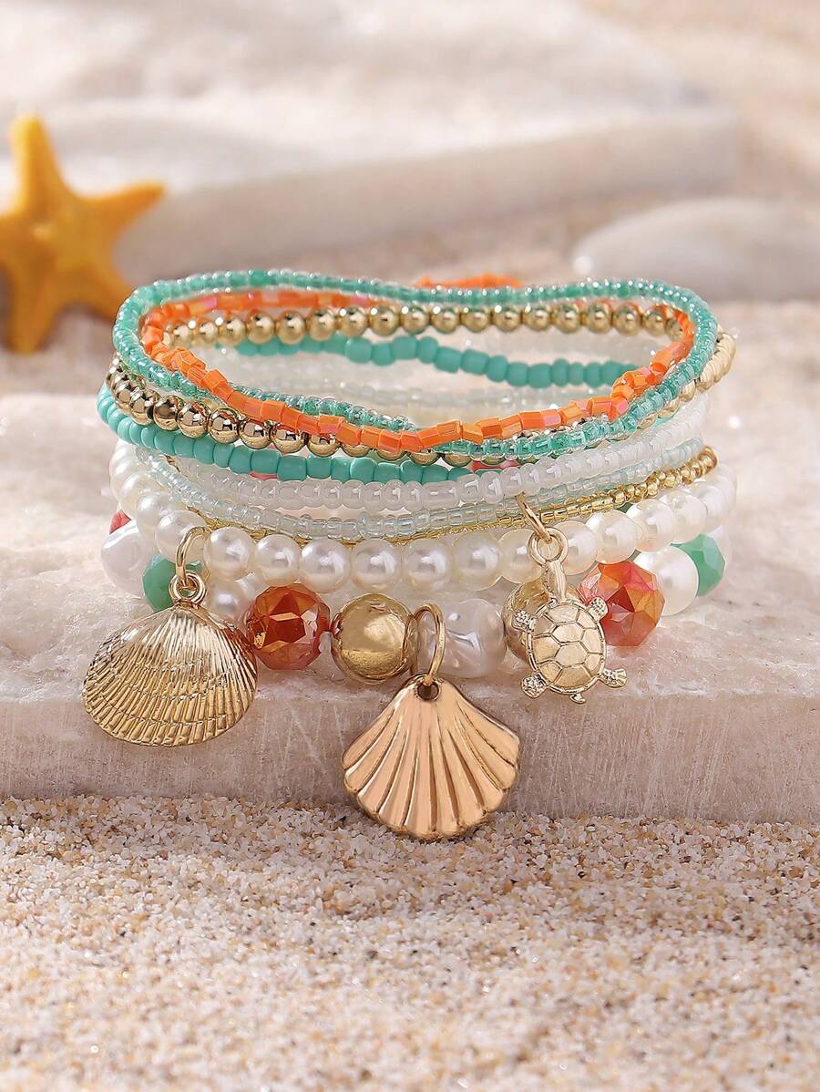 Conjunto de 8 pulseiras coloridas estilo boêmio com contas, pérolas artificiais, vieiras e tartarugas - adequado para mulheres, uso casual diário, praia, uso para festas, presente adorável