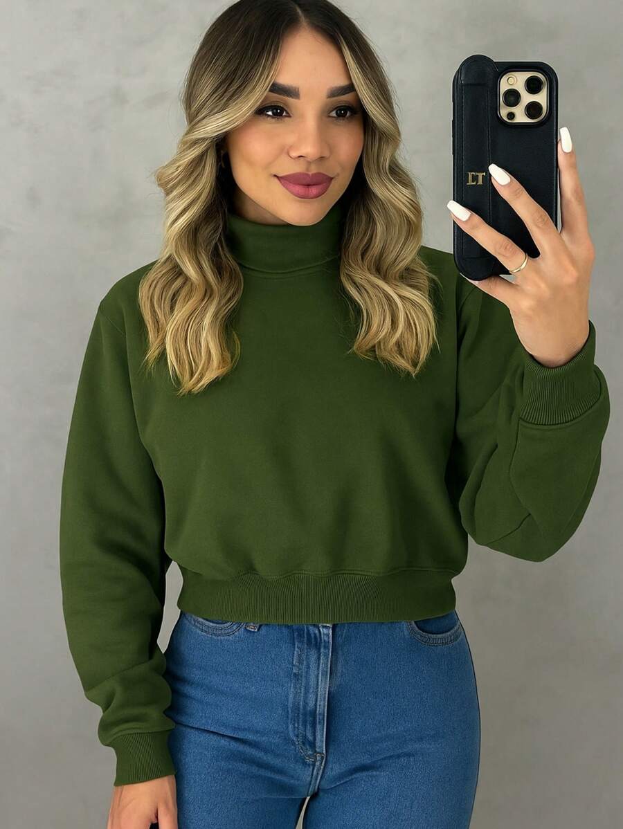 Women's Cropped Sweatshirt With Foldable Turtleneck And Flannel Cold Weather Blouse