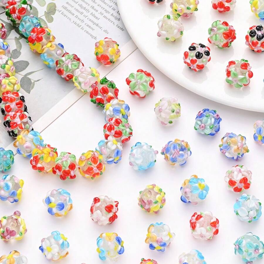 3pcs Floral Glass Beads - With 3D Flower Surface, DIY Jewelry Making Accessories, Suitable For Bracelets, Necklaces, Earrings, Keychains, Phone Straps, And Craft Projects
