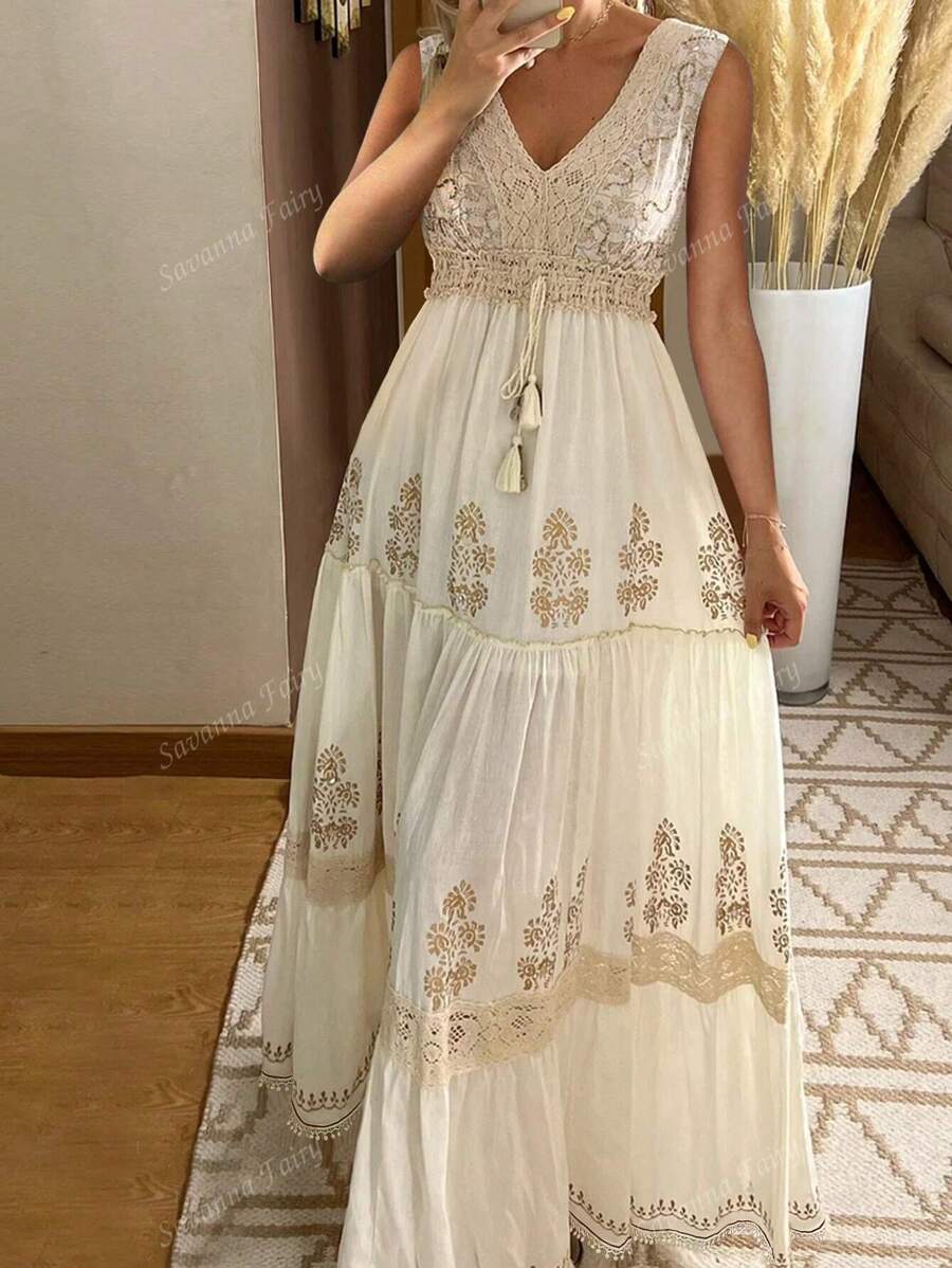 Vintage Floral Lace V Neck Flare Sleeve Tiered Maxi Dress