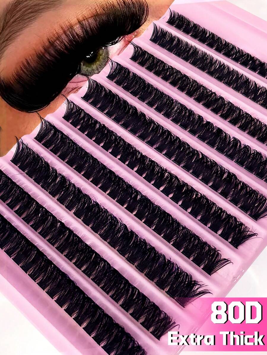 Kit de 200 penachos de pestañas individuales en 10 filas, D curl 80D de 8-16mm, aspecto natural, extra espeso y esponjoso, reutilizable, para extensión de pestañas individuales para uso propio en casa, de diario, boda, citas, fiestas, viajes y días de primavera