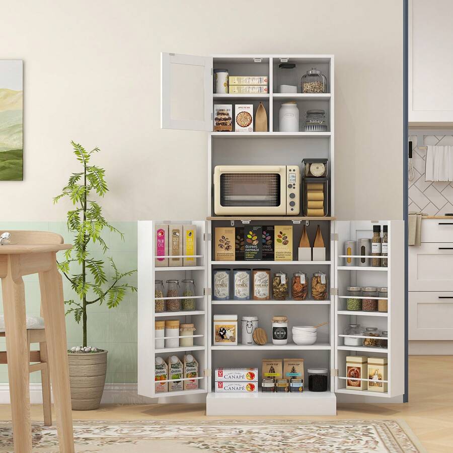 HOMCOM Credenza Cucina Alta con Armadietto, Piano Portamicroonde, 8 Ripiani su Ante, Mobile Dispensa Stretto con Ante in Vetro e Mensole Regolabili, per Soggiorno, Sala da Pranzo, 60x35x169 cm, Bianco