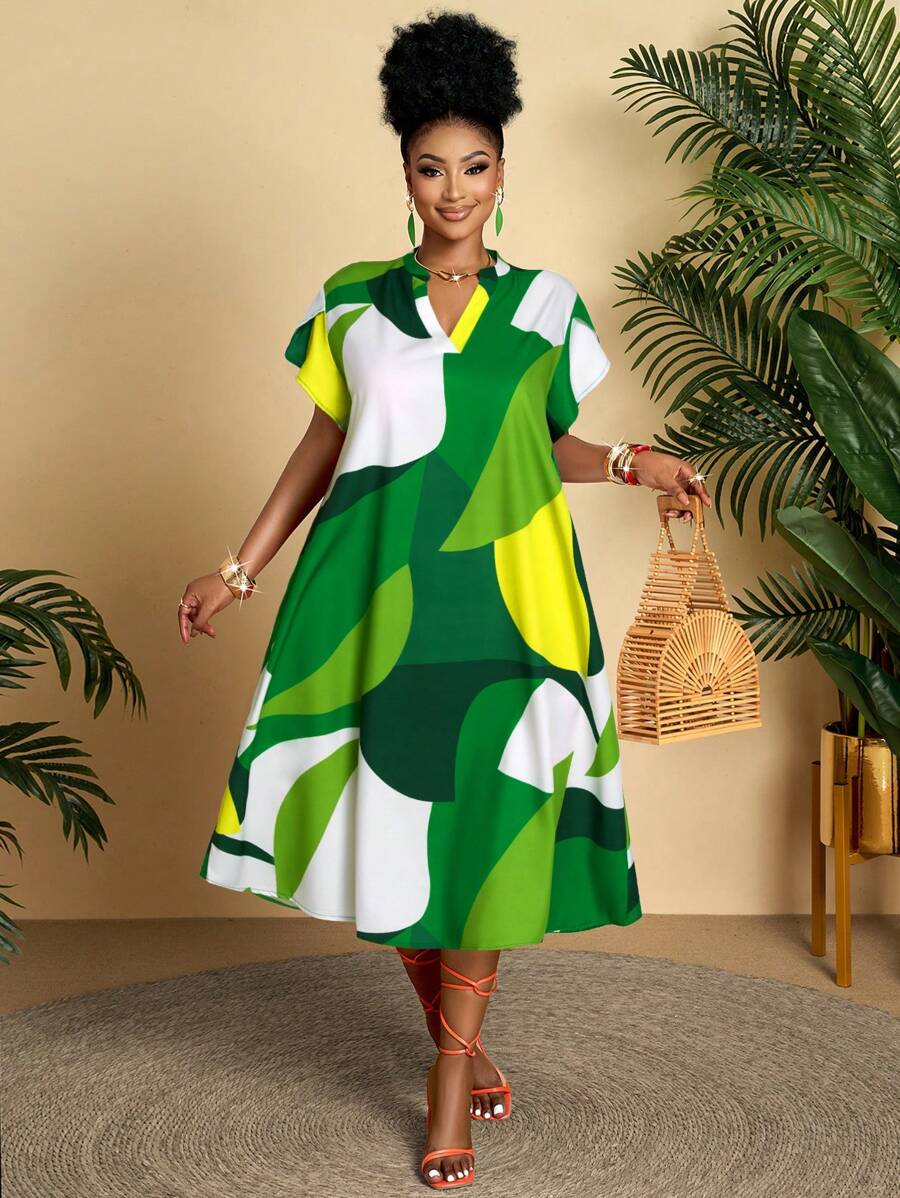 Summer Plus Plus Plus Size Women's Daily Leisure And Comfortable Vacation Geometric Print Small Stand Collar V-Neck Ruffle Sleeves Short Sleeved H-Shaped Loose Medium Long Dress (Random Pattern)