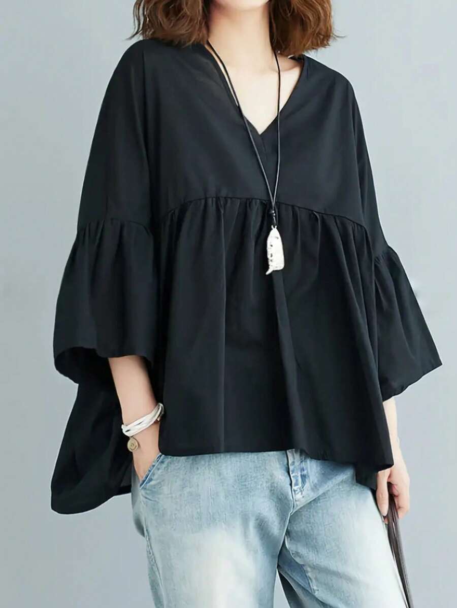 Plus Size Solid Color Ruffle Twist Collar Blouse