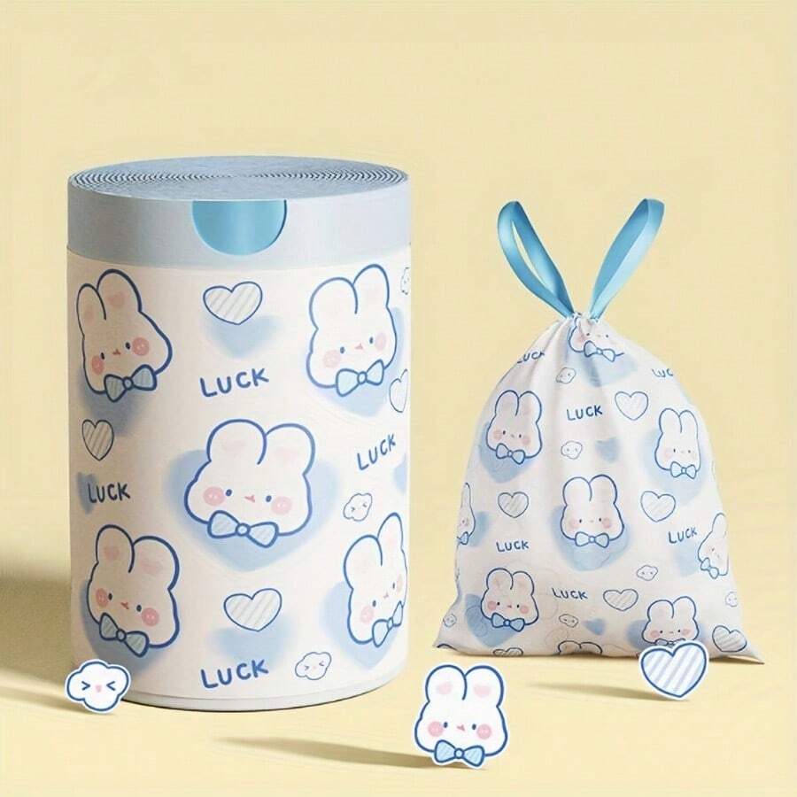 50/100Pcs Cute Cartoon Blue Heart Rabbit Print Drawstring Garbage Bags, Thickened Reusable Kitchen Trash Bags